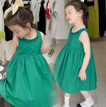 Детская одежда, платье для девочек, милая принцесса, зеленое красивое платье без рукавов, детское платье