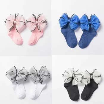 Детские носки новые хлопчатобумажные носки-тюбики от 1 до 8 лет принцессы для девочек из органзы с бабочкой, детские модные мягкие носки до колена с большим бантом