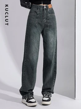 Джинсы KUCLUT для женщин, джинсовые брюки, повседневные Винтажные Прямые брюки, Корейская мода, брюки с высокой талией, джинсы полной длины, Новинка