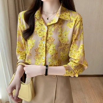 Желтая шифоновая рубашка с цветочным рисунком, Женская весенне-летняя новая Корейская блузка, свободные топы, рубашки Blusas Mujer 3065#