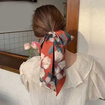 Женская лента для волос, шарф из искусственного шелка с цветочным принтом, роскошное украшение сумки, аксессуар для волос из гладкой цветостойкой ткани