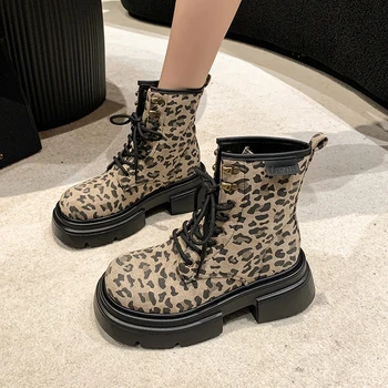 Женская обувь 2023, Высококачественные женские ботинки с перекрестной шнуровкой, модные повседневные ботинки с леопардовым принтом, женские ботильоны на платформе с круглым носком.