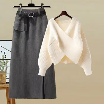 Женская одежда, весенне-осенний комплект 2023, Новая мода, тонкий свитер корейского дизайна, юбка-полукомбинезон с высокой талией, тренд на наряды из двух частей