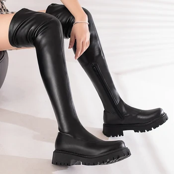Женские ботфорты выше колена, слипоны на среднем каблуке с круглым носком, эластичные сапоги до колена из искусственной кожи, женские осенние ботинки