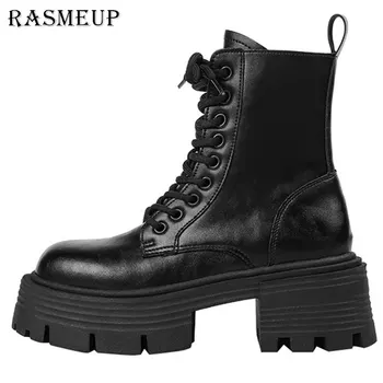 Женские мотоциклетные ботинки на высокой платформе RASMEUP на зиму 2023, модные короткие пинетки на квадратном каблуке со шнуровкой, осенняя обувь для девочек