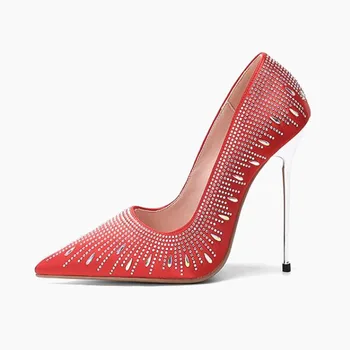 Женские туфли-лодочки с бриллиантовой инкрустацией в виде капли воды, с высоким острым носком, на мелком красном высоком каблуке, весенне-осенние тонкие женские туфли