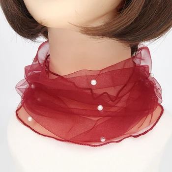 Женский сетчатый кружевной шарф, женское Элегантное ожерелье из полого сетчатого шарфа с искусственным жемчугом, расшитое бисером, Весна-осень, обертывания для шеи, Аксессуары для одежды