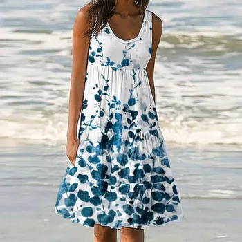 Женское летнее пляжное повседневное платье с круглым вырезом, без рукавов, с принтом, курортное платье-качели, коктейльный брючный костюм для женщин Платье Женское