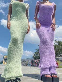 Женское Макси-платье без рукавов на меховых бретельках 2024, осень-зима, новое модное платье без рукавов с открытой спиной, элегантное
