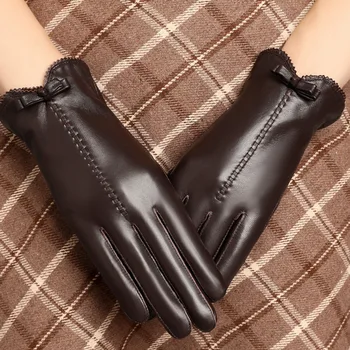 Зимние женские перчатки из натуральной 100% натуральной кожи с сенсорным экраном, варежки из овчины, модные перчатки для вождения с бантом, черный, коричневый G611