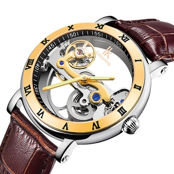 ИК Раскраска Золотой корпус Часы-скелет Коричневый кожаный ремень Автоматические наручные часы для мужчин Прозрачные часы Подарок для вечеринки