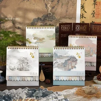 Календарь для маленькой гостиной на 2024 год, календарь в китайском ретро-стиле, Модный календарь с естественным пейзажем, настольный календарь, Студенческие / офисные принадлежности