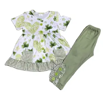 Комплект из топа с короткими рукавами и пуговицами с принтом зеленых листьев и длинных штанов, милая детская одежда