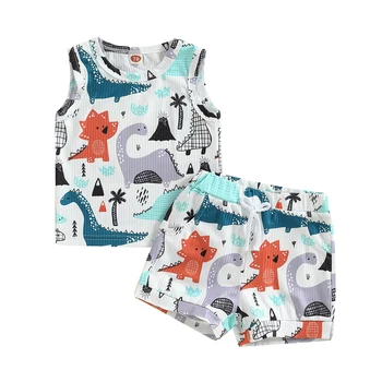 Комплекты летней одежды для маленьких мальчиков, майки без рукавов с принтом динозавра и шорты с эластичной резинкой на талии, костюм из 2 предметов