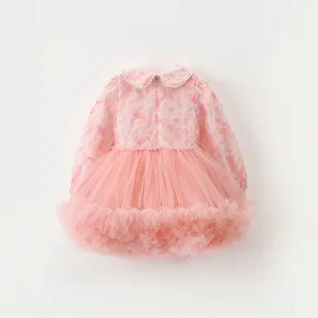 Кружевное тюлевое платье принцессы для маленьких девочек, Балерина, расклешенный низ, Детский отложной воротник, длинный рукав, жемчужный костюм, модная одежда