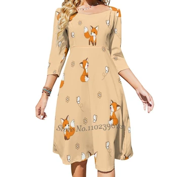 Милые Маленькие Лисички Милая Узелок Расклешенное Платье Модный Дизайн Большого Размера Свободное Платье Little Fox Kit Лисички Милые Девчушки Чиби