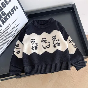 Милый Мультфильм Вышивка Вязаный Крючком Пуловер Детский Трикотаж Мода Для Мальчиков Свободный Вязаный Свитер