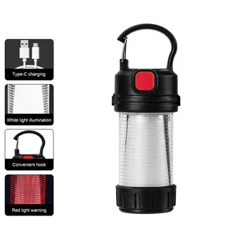 Мини-светодиодный светильник для палатки USB Type-C, зарядка 800 мАч, маленькие фонарики, 5 режимов, предупреждение о красном свете с крючком, наружное освещение