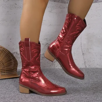 Модные женские ботинки 2023 года, однотонные женские ботинки-ковбойки на толстом каблуке, Расшитые Западные сапоги до середины икры, горячая распродажа, Квадратный каблук