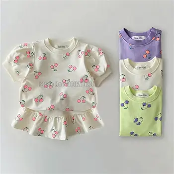 Модные комплекты для девочек Летняя Толстовка с коротким рукавом Топы + Юбка 2шт Детские наряды Одежда