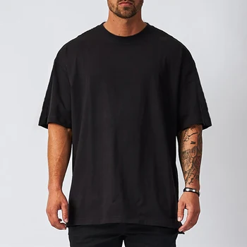 Мужская футболка оверсайз с коротким рукавом и заниженным плечом, свободная футболка для фитнеса в стиле хип-хоп, Летний тренажерный зал, Топы для бодибилдинга, футболки