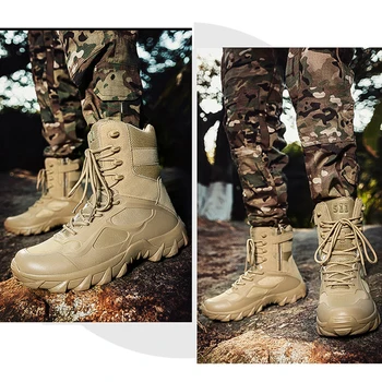 Мужские военные кожаные ботинки до щиколотки, армейские ботинки для пустыни, на шнуровке и боковой молнии, военные ботинки с высоким берцем для байкеров, военные подразделения