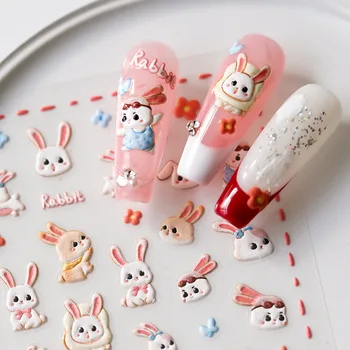 Наклейки для нейл-арта с милым кроликом, 5D Наклейка для ногтей, Клей для маникюра, Аксессуары для нейл-арта, украшения для ногтей
