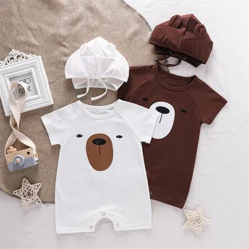 Новая одежда из 2 предметов для маленьких мальчиков, комбинезон с короткими рукавами и принтом мультяшного медведя с капюшоном