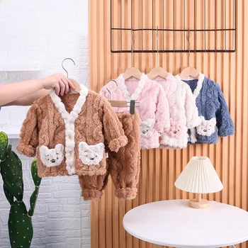 Новинка 2023 года, Пижамный комплект для маленьких девочек, осень-зима, плотная фланелевая флисовая теплая одежда для сна для малышей, детский домашний костюм, 2 шт.