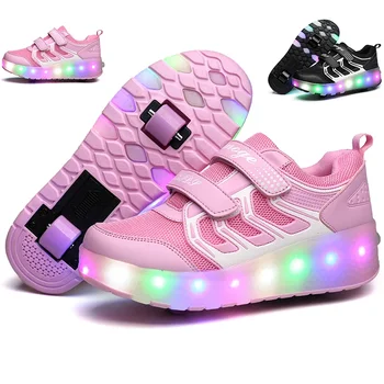 Новые 28-43 USB-зарядка, детские кроссовки со светодиодной подсветкой, 2 колеса, Дизайнерская светящаяся обувь для маленьких девочек, мальчиков, женщин, детских роликовых коньков