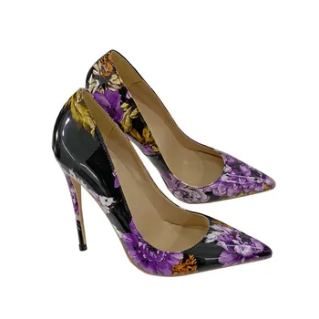 Новые модные женские туфли на высоком каблуке с фиолетовым цветком, популярные 12 см, 10 см, 8 см, на тонком каблуке с острым носком и мелким носком