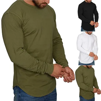 Однотонные мужские футболки с длинным рукавом, неправильный изогнутый подол, свободные футболки в стиле хип-хоп, уличная одежда, повседневные топы