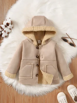 Осенне-зимнее Детское пальто, Подходит для детей от 6 до 36 месяцев, Пальто из овечьей шерсти с капюшоном и Карманами, Однобортное, Теплое
