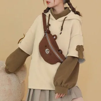 Осенние свитшоты в стиле пэчворк, женская толстовка с милым медвежонком, пуловер на шнурке с милой индивидуальной сумкой 후드티