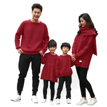 Осень-зима, красные шерстяные утолщенные теплые свитера, шарф, Модная одежда для родителей и детей, одежда для фотосъемки всей семьи