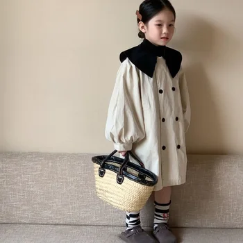 Пальто для девочек, Детское Осеннее пальто для девочек 2023, Корейский стиль, Цветной лацкан, Детское Двубортное пальто с рукавами-пузырями средней длины