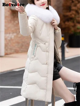 Парки с меховым воротником Botvotee для женщин 2023, Модные повседневные тонкие пальто с капюшоном, осенне-зимняя утепленная длинная куртка с завязками
