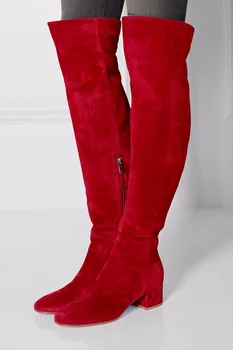 Пикантные красные замшевые сапоги выше колена, женские модные высокие сапоги на толстом каблуке с круглым носком, зимние длинные сапоги на плоской подошве