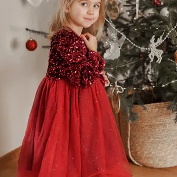 Платье для девочек 2023, Новые осенне-зимние платья для маленьких девочек, кружевная вечеринка принцессы, Рождество, Новый год, праздничный халат, детская одежда 3