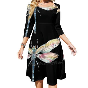 Платье с квадратным вырезом в виде радужной стрекозы, милые свободные платья с принтом, элегантное пляжное праздничное платье, стрекоза, насекомое, Радужная фея, красочные