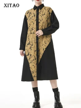 Платье трапециевидной формы с принтом в стиле пэчворк XITAO, отложной воротник, однобортное свободное повседневное модное женское платье контрастного цвета DMJ3800