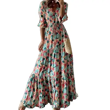 Платье Элегантное Платье Макси с V-образным вырезом и длинным рукавом, Высокая талия на завязках, длина до щиколоток, принт с рюшами, большой подол, платье для вечеринки, Vestidos