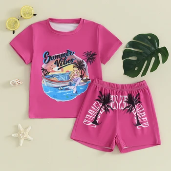 Повседневные шорты для девочек 3-7 лет, детская футболка с короткими рукавами и эластичными короткими штанами с рисунком дерева, комплект детской летней одежды