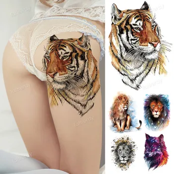 поддельная татуировка аниме голова тигра король лев волк сексуальная татуировка для женщины мужчины ноги бедра татуировки большой боди-арт акварель водонепроницаемый большой