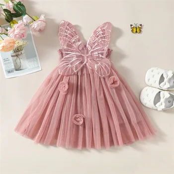 Праздничное детское платье принцессы для маленьких девочек с 3D цветочной большой бабочкой, летние Сетчатые тюлевые платья без рукавов для малышей, летняя одежда