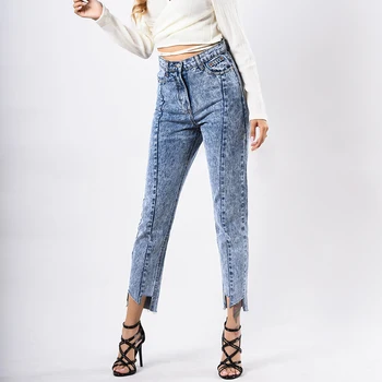 Прямые джинсы с высокой талией, женские винтажные джинсовые брюки асимметричной формы по щиколотку, брюки для бойфренда с принтом Снежинки на ногах