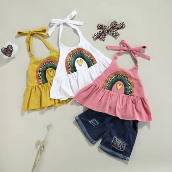 Радужные топы на бретелях для маленьких девочек и леопардовые джинсовые шорты в стиле пэчворк, головные уборы, летняя повседневная верхняя одежда из 3 предметов, детская одежда