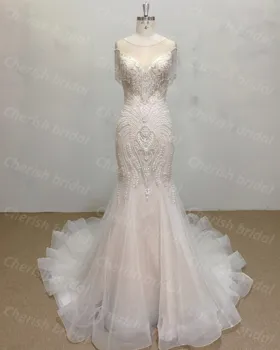 Роскошное кружевное свадебное платье русалки C3002M для невесты, платье невесты с коротким рукавом и пуговицами сзади, свадебное платье для женщин
