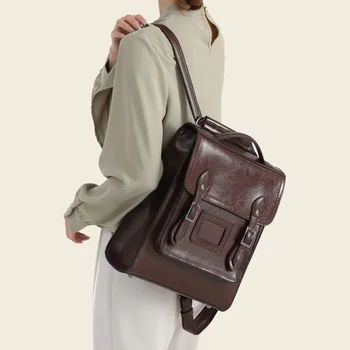 Рюкзак 2023, Женская Новая кожаная сумка, модный простой рюкзак из кожи с маслом и воском в Европе и Студенческий рюкзак