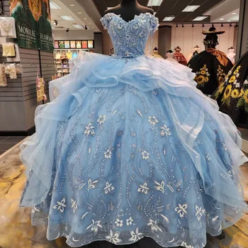 Светло-Небесно-Голубое Блестящее Пышное Платье Принцессы С Открытыми Плечами, Аппликации, Блестки, Цветы, Милое Вечернее Платье 16 Vestidos De 15 Años